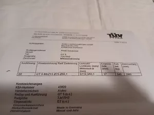 Original ABE für Alufelge Alutec Gt5 7Jx15H2 5/114,3/60,1 TÜV Gutachten - Bild 1 von 3