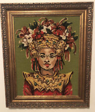 Vintage Fine Needlepoint Tapestry Portrait South American Woman Ornate Headpiece