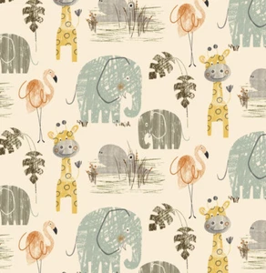 50cm Dekostoff 100% Baumwolle beige mit Zootieren: Elefant Giraffe Flamingo NEU - Bild 1 von 1