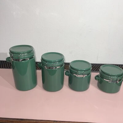 VTG The Market Place 4 Canisters Hinged Lid 4.5”Wide Forest Green Ceramic No Spn - Image 1 of 4