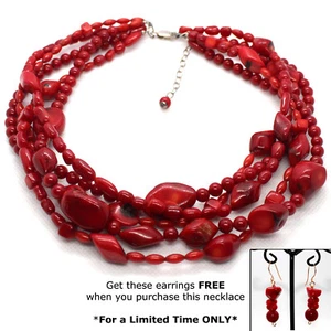 COLLAR DE CORAL ROJO BAMBÚ Mezcla de Cuentas: Redondo/Barril 5 Hebras con PENDIENTES GRATUITOS - Imagen 1 de 9