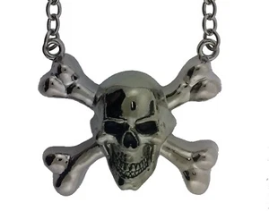 Skull Skeleton Cross Bones Silver Chrome Rock Rebel Pendant Halloween Necklace - Picture 1 of 3