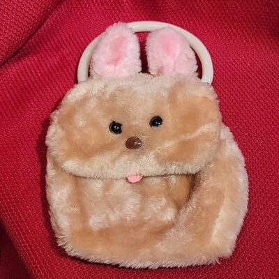 VINTAGE 6" X 6" BUNNY RABBIT CLUTCH Plush Purse Bag Tote brown w/ white handle - Image 1 of 4
