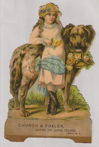 Tarjeta comercial troquelada victoriana para niñas y perros enormes Iglesia Phalen Dry Goods Troy NY 9x6 - Imagen 1 de 5