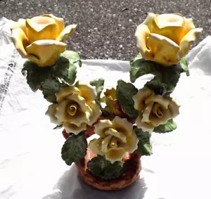 Vtg Capodimonte Double Candle V Holders Ornate Yellow roses Green Leaves Italy - Picture 1 of 16