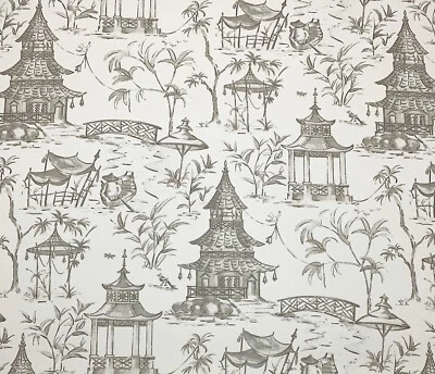LACEFIELD DESIGNS PAGODAS BISQUE GRAY WHITE ASIAN TEMPLE FABRIC BY YARD 55"W - Image 1 of 4