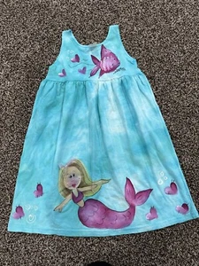 Girls size 5 aqua blue 100% cotton handpainted mermaid dress fish Dharma Trading - Picture 1 of 6