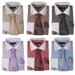 Herren Mode französische Manschettenkleid Shirt mit Krawatte, Taschentuch und Manschettenknöpfen AH615 - Bild 1 von 14
