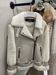 Chaqueta de aviador Nicole Benisti blanca de piel de oveja metálica plateada de cuero napa - Imagen 1 de 10