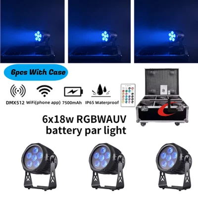 6pcs 6X18W RGBWA+UV Wireless Stage Par Light Battery Outdoor LED Uplights W/CASE - Image 1 of 4