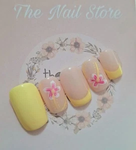 Pastel Lemon Hibiscus Nails / Press On False Nails / Gel Nails / False Nails / - Picture 1 of 4