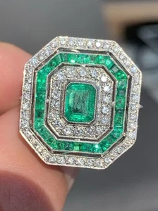 Platinum Diamond Natural Emerald Art Deco Design Exceptional Large Cluster Ring - Picture 1 of 8
