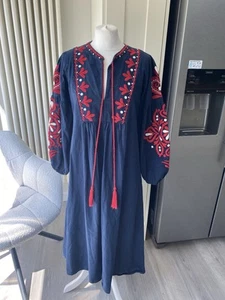 ZARA NAVY BLUE RED EMBROIDERED MIDI SMOCK KAFTAN BOHO DRESS SIZE L LARGE 12 14 - Picture 1 of 15