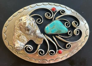 Native American Belt Buckle Turquoise- Coral-.999-Nickle 3D Bear VTG PICS-FLAW - Picture 1 of 16
