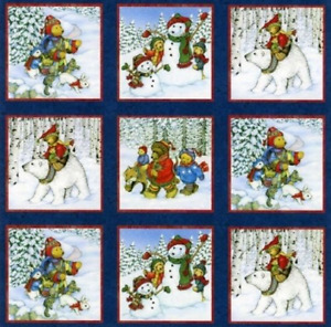 14 SPX CHRISTMAS SNOW BEAR METALLIC SILVER LABELS SQUARES COTTON FABRIC