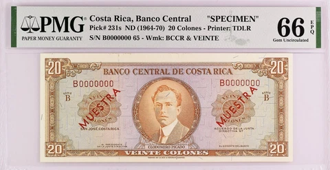 Costa Rica 1964-70 PMG 66, 20 Colones, P-231s, High Grade Specimen Cover