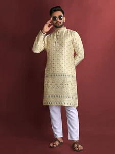 Conjunto Kurta de Boda para Hombres Pijama Kurta Paquistaní Trajes Indios Fiesta Novio Sherwani - Imagen 1 de 10