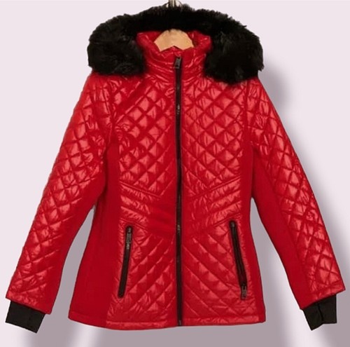 Cappotto trapuntato rosso con cappuccio nuovo con etichette $260 Michael Kors impermeabile pelliccia sintetica orlo XS