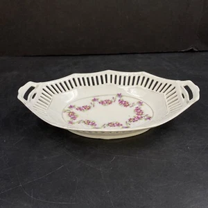 Vintage MMV German White Porcelain Purple Flower Basket Candy Trinket Dish Tray - Picture 1 of 8
