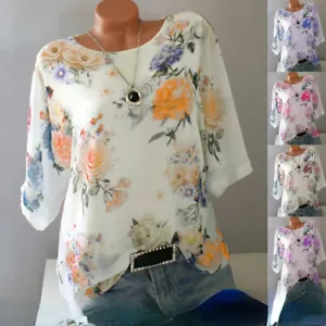 Women Batwing Sleeve Floral Tops Shirt Loose Casual T-Shirt Blouse Plus Size - Picture 1 of 20