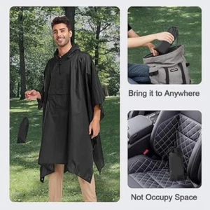 Hooded Rain Poncho for with Pocket, Waterproof Lightweight Unisex Raincoat Black - Picture 1 of 31