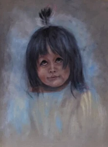 Original NATIVE AMERICAN INDIAN CHILD GIRL Charcoal Chalk Pastel Drawing - Picture 1 of 3