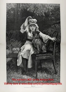 Dog Pug Little Girl Training Her Puppy, Huge Double-Folio 1880s Antique Print - Imagen 1 de 5