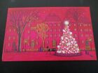 Unused Mid Century Village in Pink with Gorgeous Lit Xmas Tree Greeting Card 