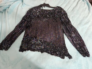 Vintage Damen schwarz Seide Perlen Pailletten Top, Größe Medium. Wunderschön - Bild 1 von 7