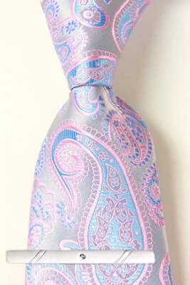 New Classic Paisley Pink Blue Gray JACQUARD WOVEN 100% Silk Men's Necktie Tie - Image 1 of 4