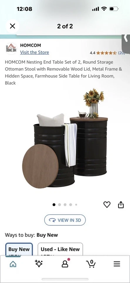 HOMCOM Nesting End Table Set of 2 - Black Storage Ottoman w/ Wood Lid - Image 1 of 1