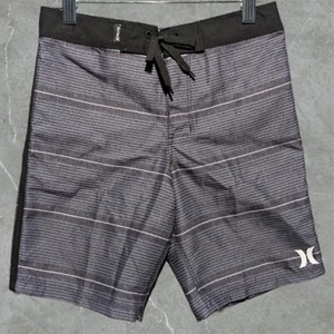 Hurley Logo Boys' 7 Black Gray Striped Back Pocket Boardshorts - Picture 1 of 2