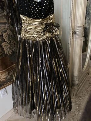 Lillie Rubin Gown Black Silver Gold strapless back Zip &scarf SZ 4 USA Pristine - Image 1 of 4