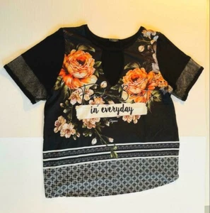 Women T-shirt Silk and Cotton Floral Short Detailed Sleeves Size L - Picture 1 of 10