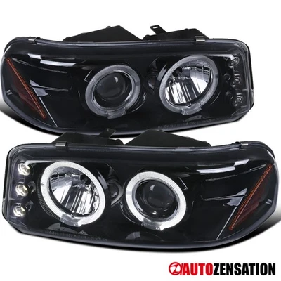 Fit 2000-2006 GMC Sierra 1500 2500 Yukon Blk Smoke LED Halo Projector Headlights Foto 1 de 4