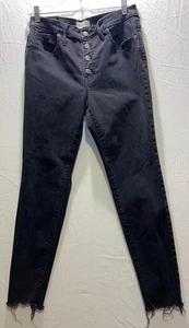 MADEWELL BLACK BUTTON FLY 9” HIGH RISE SKINNY JEANS RAW HEM WOMENS SZ 31 - Picture 1 of 11