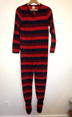 Lands End Kids Pajama Sleeper One Piece Red Blue Stripe Stripe 14 Fleece Footie - Image 1 of 4