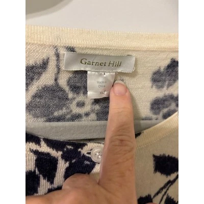 Cárdigan floral de lana merino Garnet Hill XL azul marino crema usado en excelente estado  Foto 1 de 4