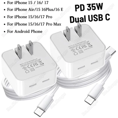 35W Fast Charger Dual USB C Block PD Type C Cord For iPhone Air 17 16 15 Samsung - Image 1 of 4