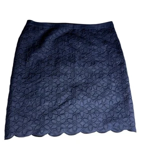 Talbots Skirt Women’s Sz 16 Navy Blue Linen Lined Scalloped Hem Floral Classic - Picture 1 of 8