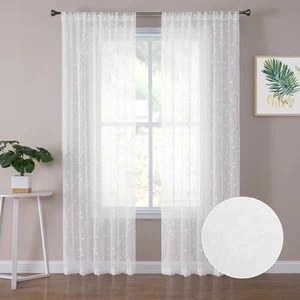 Leaves Sheer Curtain White Leaf Embroidery Bedroom Curtains Rod Pocket Voile ... - Picture 1 of 7