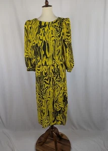 Betsy's Things Vintage Dress Midi 80s 90s Yellow Black Puff Sleeve Modest Retro - Picture 1 of 10