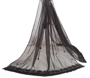 Sushila Vintage Black Embroidered Dupatta 100%Pure Chiffon Silk Long Stole Hijab - Picture 1 of 9