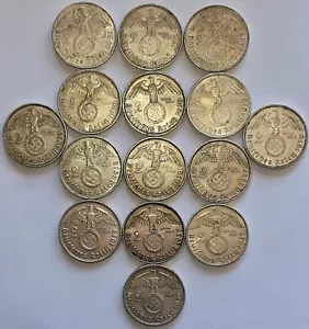 DEUTSCHLAND DRITTES REICH / WWII Hakenkreuz 2 Reichsmark 1937-1939, Lot von 15 Silbermünzen - Bild 1 von 2