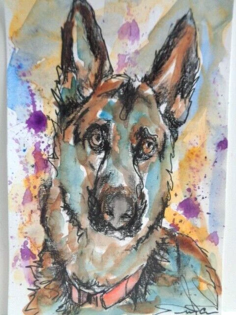 Единственный в своем роде - оригинальный немецкий овчарка собака абстрактная акварель живопись искусство - Изображение 1 из 1