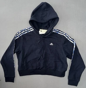 Adidas Hoodie Sweatshirt Cropped Womens L Navy Animal Stripes Pullover IR9314 - Picture 1 of 8
