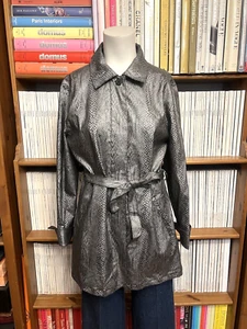 Chaqueta de 10 trincheras vintage de los años 90 Y2K para damas PU plástico estampado de piel de serpiente plateada - Imagen 1 de 18