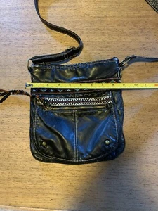 Vintage Boho Umhängetasche butterweiches lederähnliches Handtasche, schwarz, Aztekenbesatz, sehr guter Zustand bezaubernd - Bild 1 von 3