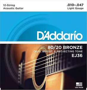 D'Addario EJ36 12-String 80/20 Light 10-47 Acoustic Guitar Strings - Picture 1 of 12