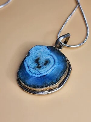 Druzy Quartz 925 Sterling Silver Plate Artisan Pendant 18” Necklace Sparkly Blue - Image 1 of 4